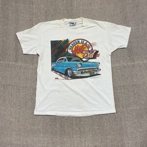vintage chevorlet 57 car shirt mens large white 1990s LEE